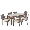 GDFStudio Oswald Outdoor 7 Piece Acacia Wood and Wicker Dining Set with Cushion, Brown/Cream - 2 of 4
