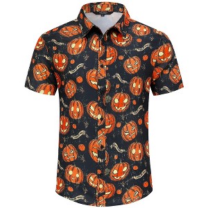 BLUEMING Mens Button Down Shirts Short Sleeve Halloween Graphic Tops Casual Shirt Palm Beach Shirts - 1 of 4