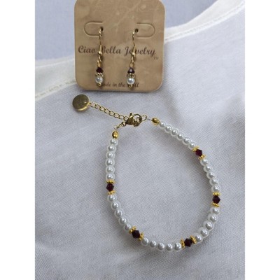 july ruby red crystal  with silver accents, pearl bracelet and earring set