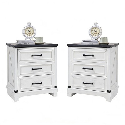 Set of 2 Farmhouse Nightstand - Charging Station & 3 Large Drawers, 24.8" Rustic Wood End Tables for Living Room & Bedroom