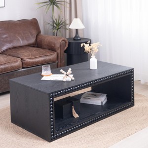 47.6" Rustic Rectangular Coffee Table with Beaded Edge and Open Shelf, Black Wood Centerpiece for Living Room -3irtyhousy - 1 of 4