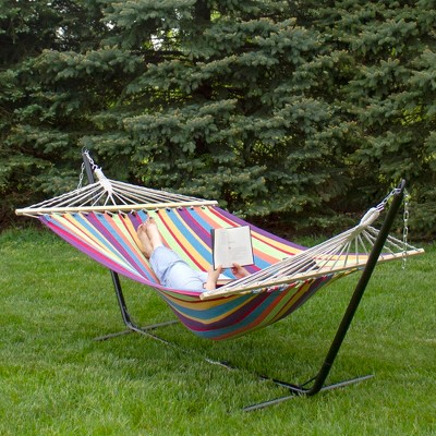 Northlight 77" x 58.75" Striped Woven Double Hammock with Wooden Bars - Red/Green