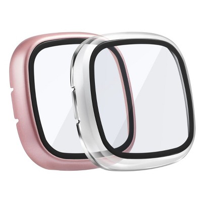 Insten 2-Pack Matte Case For Fitbit Versa 3 and Fitbit Sense, Built in Tempered Glass Screen Protector Hard Cover (Clear + Rose Gold)