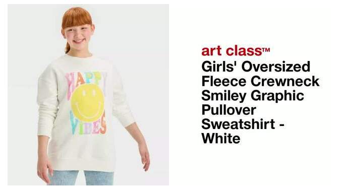 Girls' Oversized Fleece Crewneck Smiley Graphic Pullover Sweatshirt - art class™ White, 2 of 5, play video