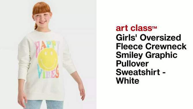 Girls' Oversized Fleece Crewneck Smiley Graphic Pullover Sweatshirt - art class™ White, 2 of 5, play video