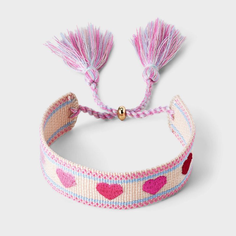 14K Gold Dipped Embroidered Hearts Woven Adjustable Bracelet - A New Day&#8482; Pink, 4 of 6
