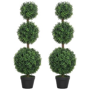HOMCOM Set of 2 Fake Plants, Artificial Trees in Pot, Ball Boxwood Topiary Tree, Green - 1 of 4