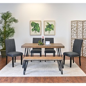 Roundhill Furniture Amisos Dining Set, Hairpin Dining Table with 4 Chairs and a Wood Bench, 6-Piece - 1 of 4