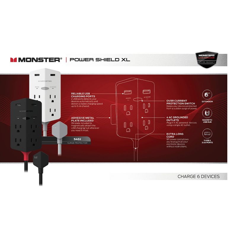 Monster Power Shield XL 540 Joule Surge Protector with 4 AC Outlets & 2 USB-A Ports (Black), 5 of 11