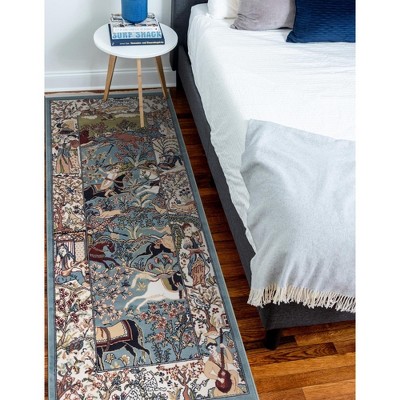 Blue and Tan Floral Synthetic Indoor Runner Rug