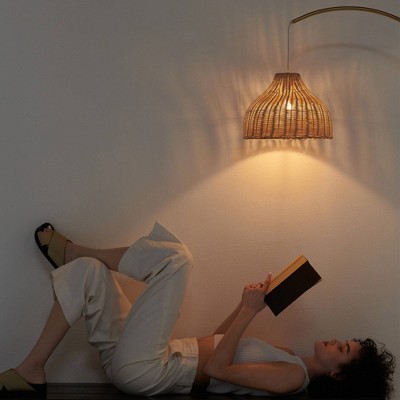 75" Brass Arc Floor Lamp with Rattan Shade