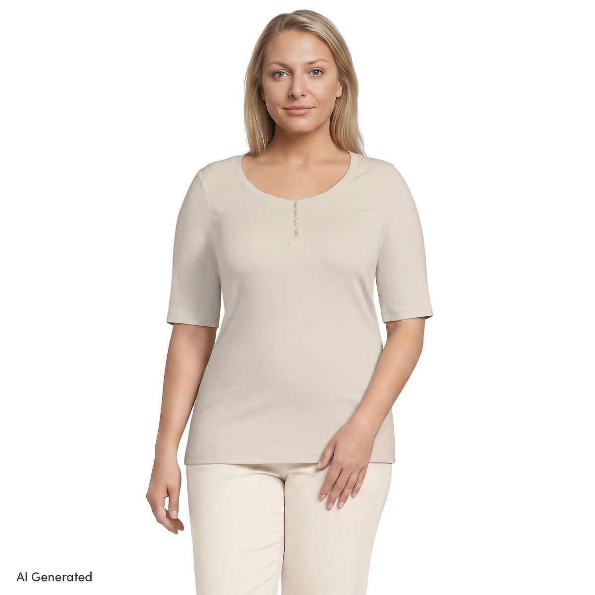 Lands' End Women's Elbow Sleeve Variegated Micro Rib Scoop Neck Henley