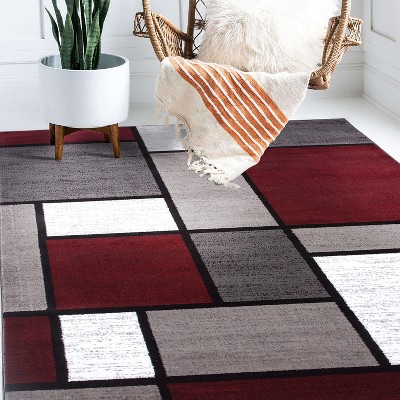 Red and Gray Geometric Low Pile Area Rug
