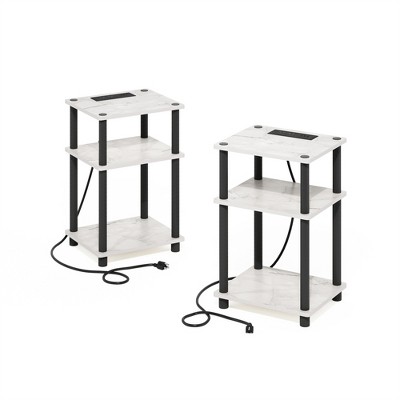 Furinno Just 3-Tier Turn-N-Tube USB and Type-C Charging Port End Table with Open Storage, Marble White/Black, Set of 2