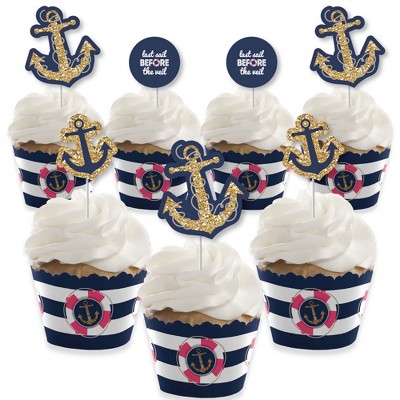 Big Dot of Happiness Last Sail Before the Veil - Cupcake Decor - Nautical Bachelorette Bridal Shower Cupcake Wrappers and Treat Picks Kit - Set of 24