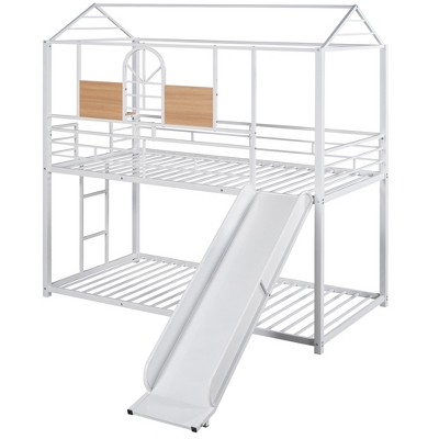 Bellemave Twin Over Twin Bunk Bed with Slide and Ladder, House Floor Bunk Bed with Guardrails and Shelf, White