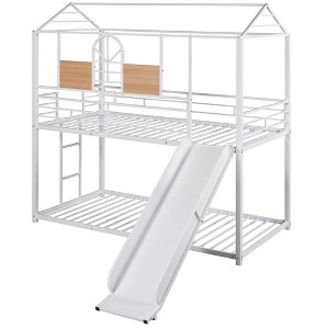 Bellemave Twin Over Twin Bunk Bed with Slide and Ladder, House Floor Bunk Bed with Guardrails and Shelf, White - 1 of 4