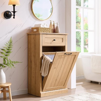 SinCiDo The Farmhouse Tilted Laundry Basket Cabinet,Laundry Storage Basket w/ Drawers or Hidden 10 Gallon Trash Can Cabinet,Bathroom,& Kitchen