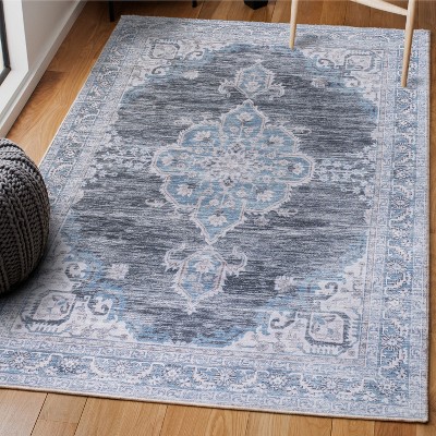 Gray and Blue Chenille Medallion Machine-Washable Area Rug