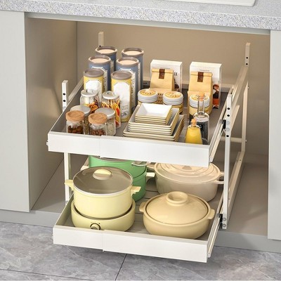 2-Tier Pull-Out Drawer Organizer, Heavy-Duty Adjustable Carbon Steel Under Sink Cabinet Storage for Kitchen Bathroom Laundry Pantry