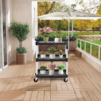 Collapsible Service Cart 3 Tier Folding Rolling Utility Cart with Lockable Wheels, Heavy Duty & Portable for Garage Warehouse Office