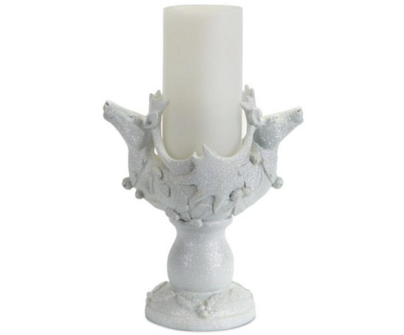Melrose 8.5" Sparkling Glittered Reindeer Heads Christmas Pillar Candle Holder - White