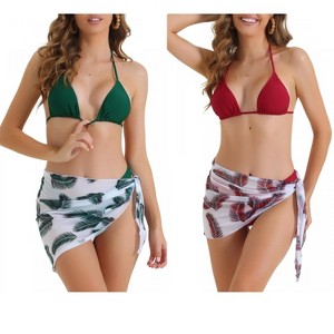 INSPIRE CHIC Women's Triangle Halter High Cut Thong Leaf Print Cover Up Skirt Swimwear Bathing Bikini Suits 2 Sets - 1 of 4