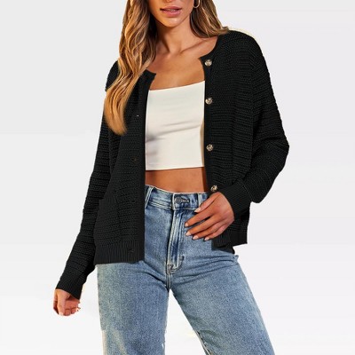 Women's Round Neck Cable Knit Sweater Cardigan with Front Button Down and Long Sleeve Open Front Design,Black - L