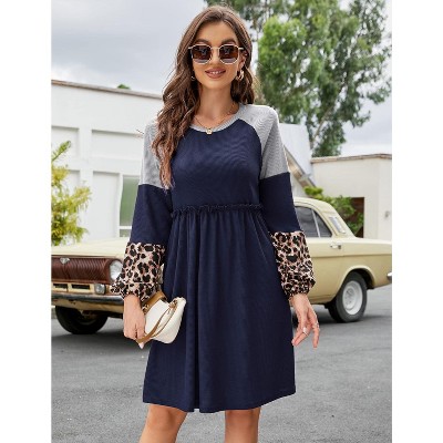 Waffle Knit Dress for Women Raglan Sleeve Leopard Print Color Block Mini Dress Trendy Smocked Dresses