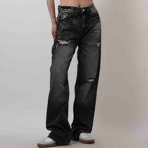 Women's High Waist Straight Leg Jeans - Distressed Wash with 5-Pocket Design Cherie Code - 1 of 4