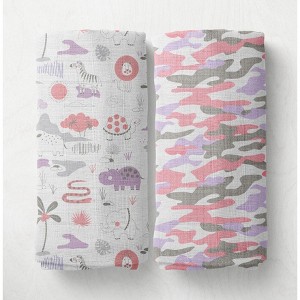 Jungle Safari Girls Lilac/Coral 2 pack Muslin Swaddling Blanket - 1 of 4