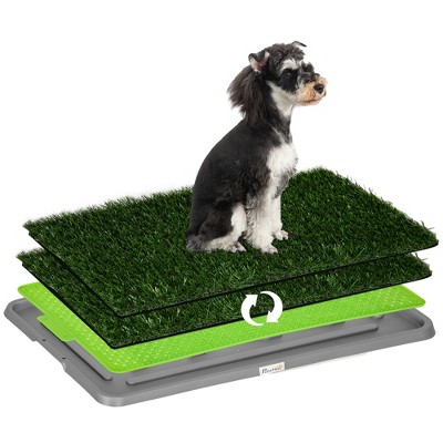 PawHut Dog Grass Pad with Tray, 26" x 16", Grass Pad for Potty Training Dogs, 2 Artificial Washable Grass Pee Pads for Indoor Outdoor Use, Green