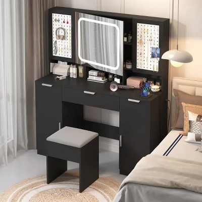 Large Dressing Table Set with LED Light Mirror and 2 DIY Pegboards, 5 Hooks, Dressing Table Ottoman with Charging Station