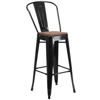 Merrick Lane Metal Dining Stool with Curved Slatted Back and Textured Wood Seat