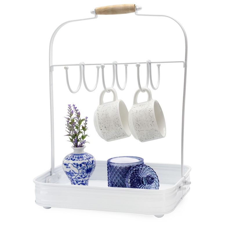 AuldHome Design White Enamelware Coffee Mug Rack; Countertop Style Rustic Distressed Cup Hanging Stand w/ Tray, 2 of 9