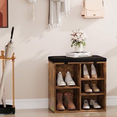 Shoe Bench with Padded Seat, Entryway Storage Bench with Adjustable Shelf, 3 Tier Shoe Rack with 10 Compartments
