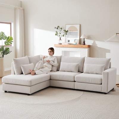 100.2" Linen Modular L-Shaped Sectional Sofa with Movable Ottoman, 5 Cushions & 4 Lumbar Pillows