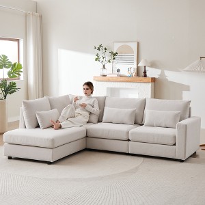 100.2" Linen Modular L-Shaped Sectional Sofa with Movable Ottoman, 5 Cushions & 4 Lumbar Pillows - 1 of 4