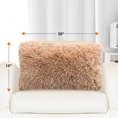 Taupe Shaggy Faux Fur Lumbar Throw Pillows Set of 2
