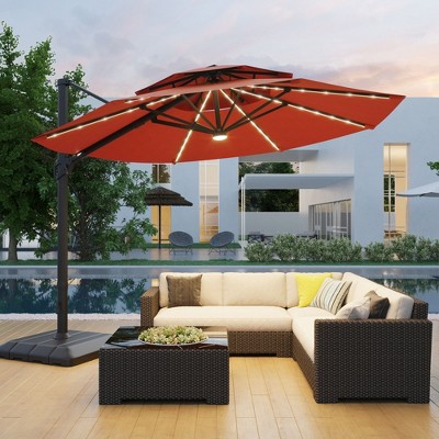 Sonkuki 11Ft LED Double Top Aluminum  LED Cantilever Patio Umbrella with Base for Patio Deck Garden