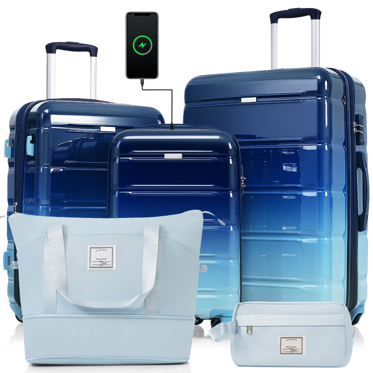 Polibi Hard Shell Luggage Set 5 Piece, 20/24/28 Inch Suitcase with Spinner Wheels, a Travel and Toiletry Bag