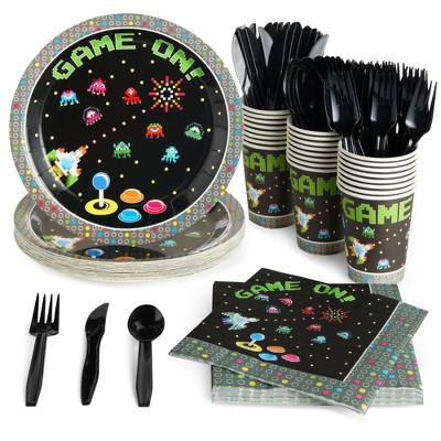 Juvale 144-Piece Retro Video Game Party Supplies - Includes Plates, Napkins, Cups, and Cutlery, Serves 24