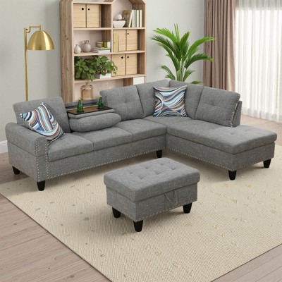 3-Piece L-Shaped Combination Sofa Set in Grey Linen for Living Room
