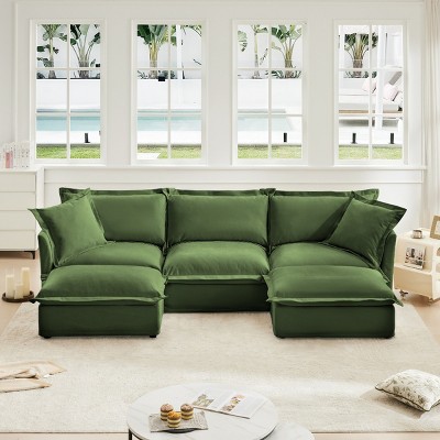 Slipcovered Sectional Sofa, 3 Seater Sofa with Removable Cover, Sofa Couch with Ottoman, Chenille Fabric Sectional Sofas-Cuddlewood