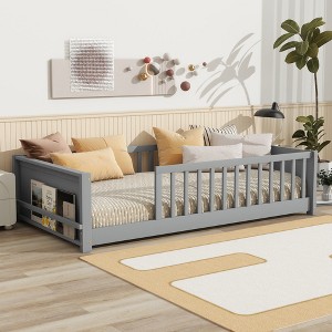 KWPZQEB Twin Size Floor Bed Frame with Safety Guardrails & Book Rack, Wood Floor Bed with Fence, Montessori Floor Beds for Girls and Boys - 1 of 4