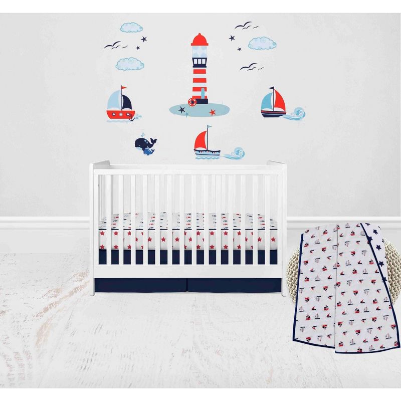 Bacati - Boys Nautical Muslin Whales Boat Red Blue Navy 3 pc Crib Bedding Set, 1 of 10