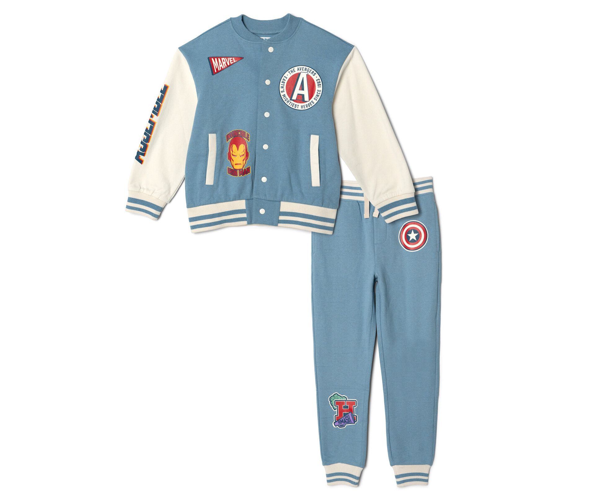 Marvel Avengers Iron Man Toddler Boys Fleece Varsity Bomber Jacket and Jogger Pants Outfit Set Slate Gray Iron Man 2T