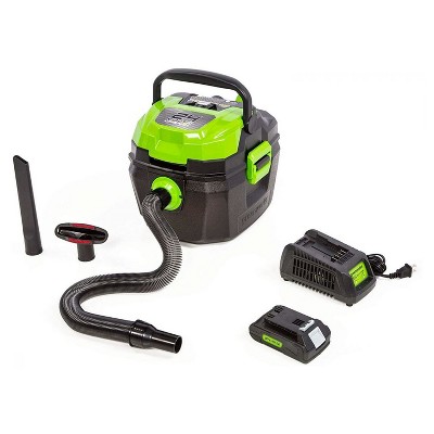 Greenworks 4700402 24 Volt Cordless 3 Gallon Wet Dry Shop Vacuum with Dual Battery Storage, Crevice And Floor Accessories, 2.0 Ah Battery