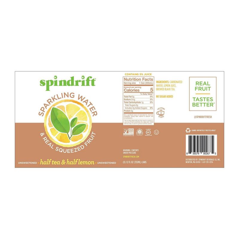 Spindrift Half Tea/Half Lemon Sparkling Water - 8pk/12 fl oz Cans, 4 of 8
