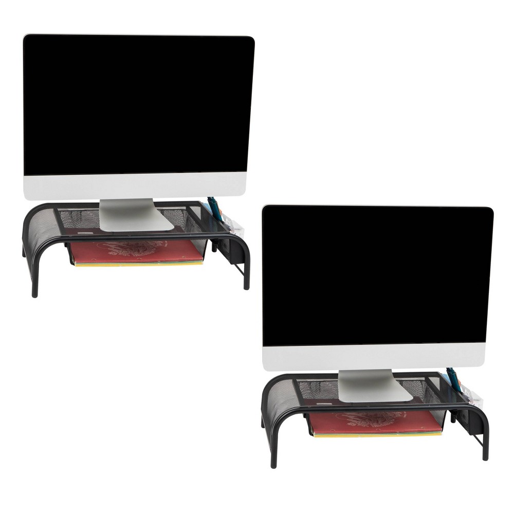 Mind Reader Monitor Stand, Ventilated Laptop Riser, Paper Tray, Office, Metal Mesh, 20"L x 11.5"W x 5.5"H, Set of 2, Black
